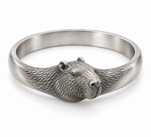 Antique silver-tone capybara head bangle design with engraved fur extending into a closed band