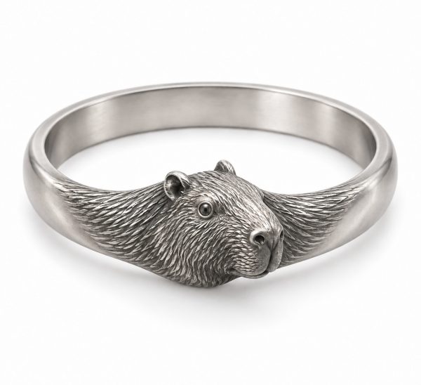 Antique silver-tone capybara head bangle design with engraved fur extending into a closed band