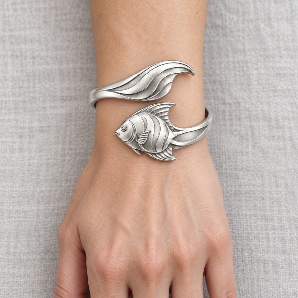 Silver-tone angelfish bangle design with sculpted stripes and sweeping fins