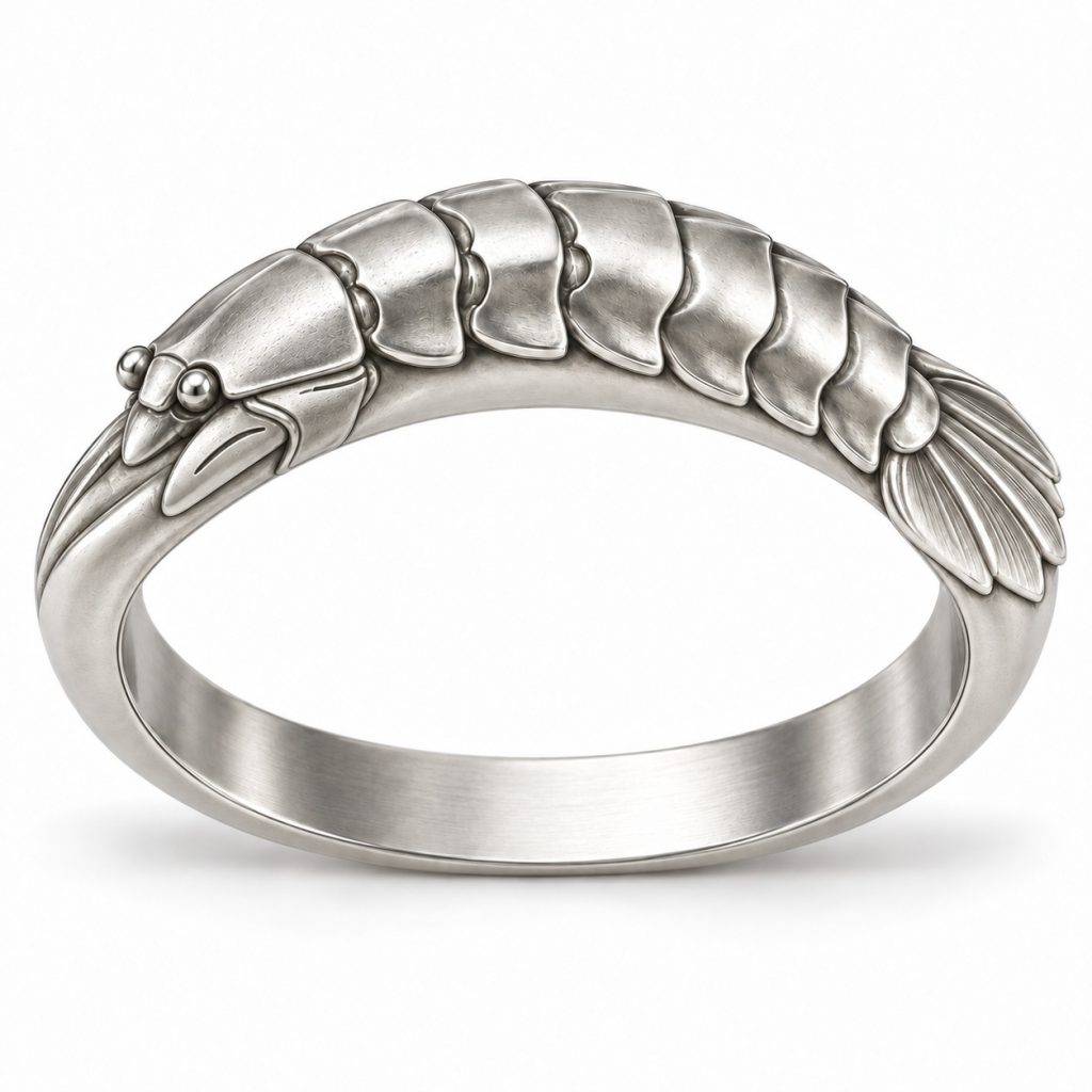 Silver-tone mantis shrimp-inspired bangle design with segmented armor and a broad tail fan