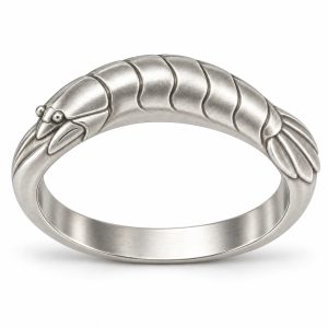Silver-tone mantis shrimp-inspired bangle design with segmented armor and a broad tail fan