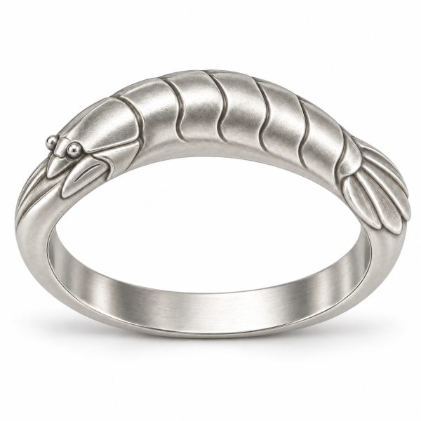 Silver-tone mantis shrimp-inspired bangle design with segmented armor and a broad tail fan