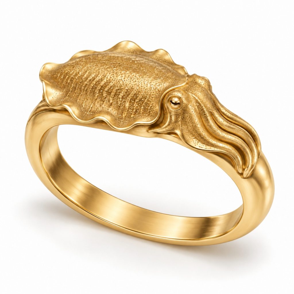 Image Alt Text Gold-tone cuttlefish bangle design with a textured oval mantle and flowing arm details