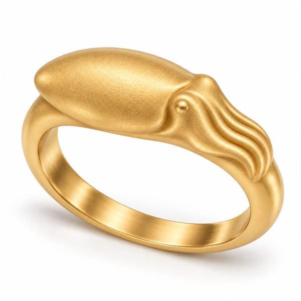 Image Alt Text Gold-tone cuttlefish bangle design with a textured oval mantle and flowing arm details