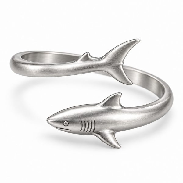 Silver-tone shark bangle design with sculpted fins and engraved gill details
