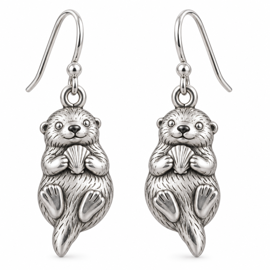 Pair of silver-tone sea otter drop earrings holding seashells, with textured fur and metal eyes
