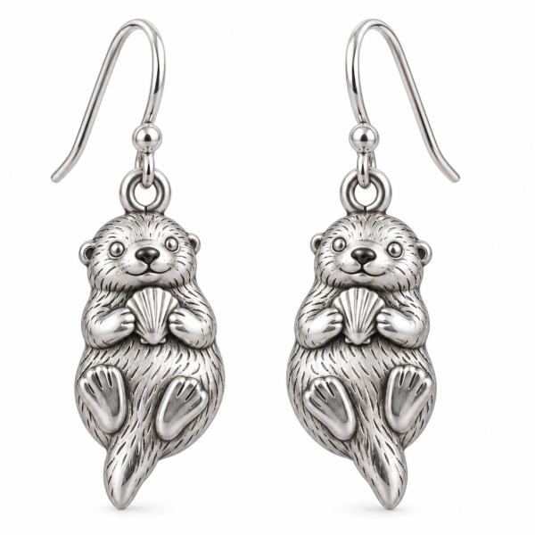 Pair of silver-tone sea otter drop earrings holding seashells, with textured fur and metal eyes
