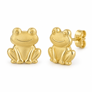 Pair of gold-tone smiling frog stud earrings with raised metal eyes and butterfly backs