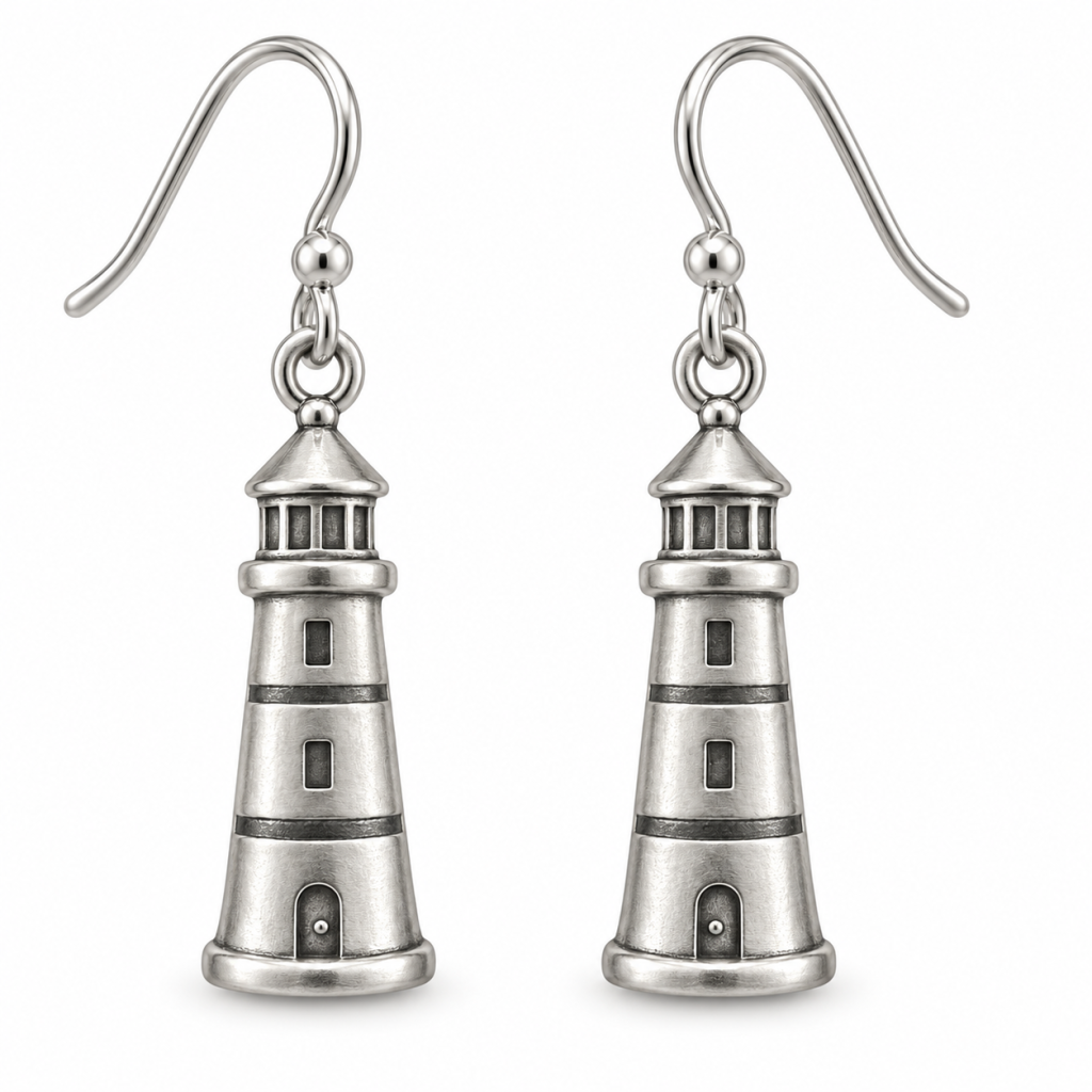 Pair of silver-tone lighthouse drop earrings with textured towers, two front windows and an arched doorway