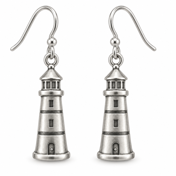 Pair of silver-tone lighthouse drop earrings with textured towers, two front windows and an arched doorway