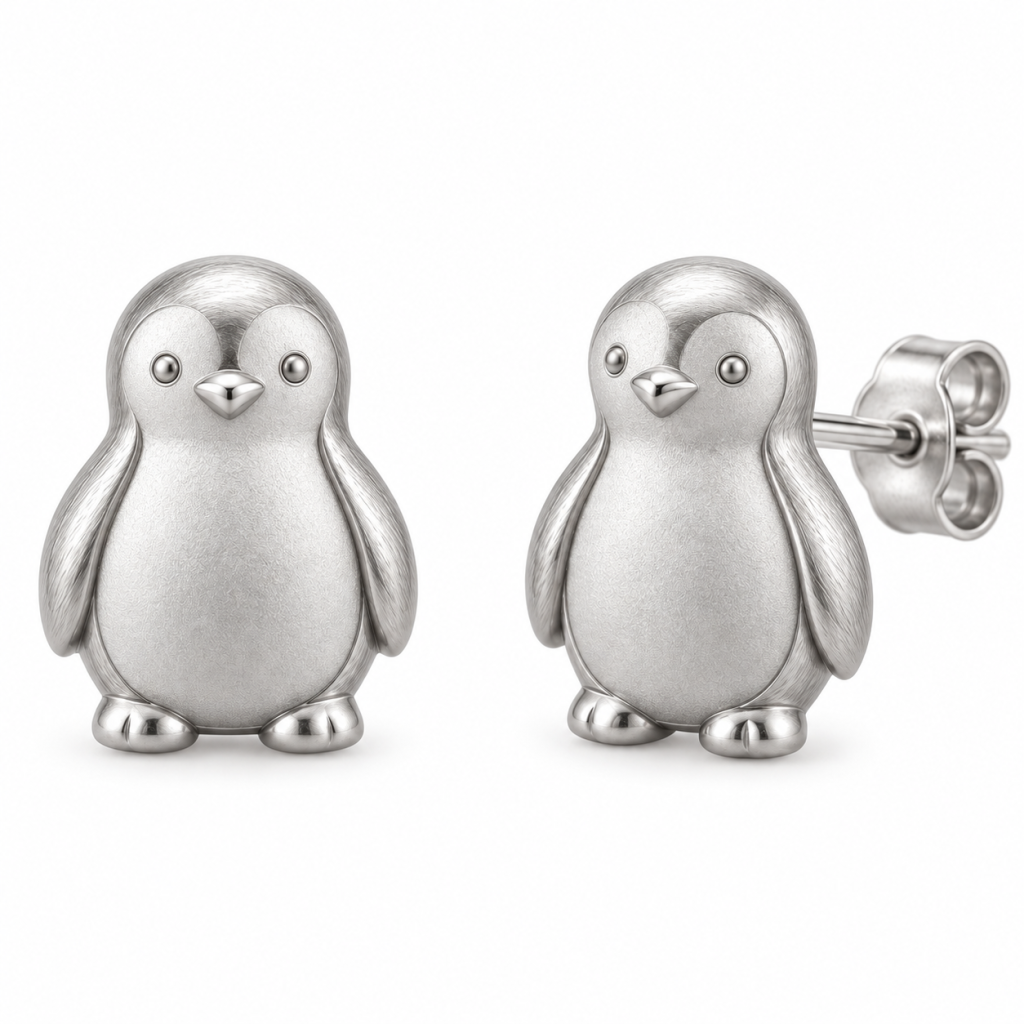 Pair of silver-tone penguin stud earrings with metal eyes, textured wings and butterfly backs
