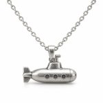 Silver-tone submarine pendant necklace with three circular portholes, a short periscope and an oval-link chain on white