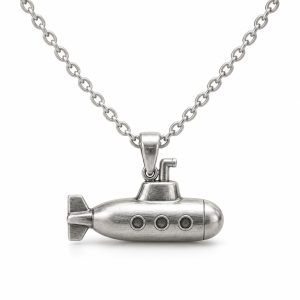 Silver-tone submarine pendant necklace with three circular portholes, a short periscope and an oval-link chain on white