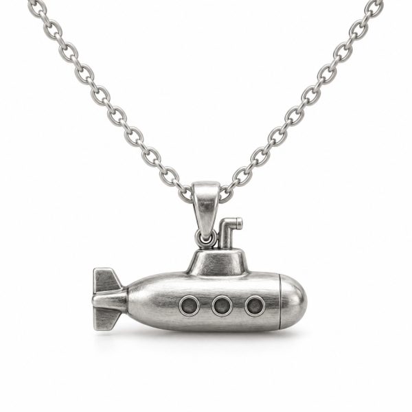 Silver-tone submarine pendant necklace with three circular portholes, a short periscope and an oval-link chain on white