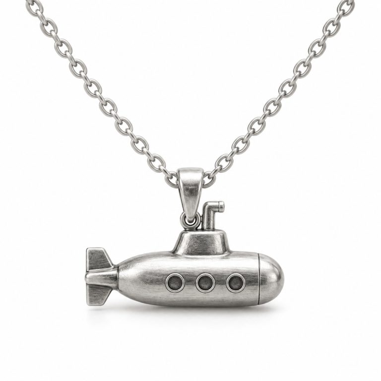 Silver-tone submarine pendant necklace with three circular portholes, a short periscope and an oval-link chain on white