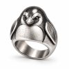 Stainless steel penguin ring with feather-inspired texture, a short metal beak and a smooth inner band.