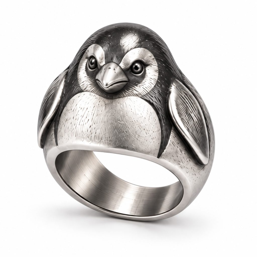 Stainless steel penguin ring with feather-inspired texture, a short metal beak and a smooth inner band.