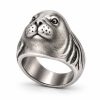 Silver-plated sea lion ring with a rounded muzzle, recessed whisker markings and a broad textured band.