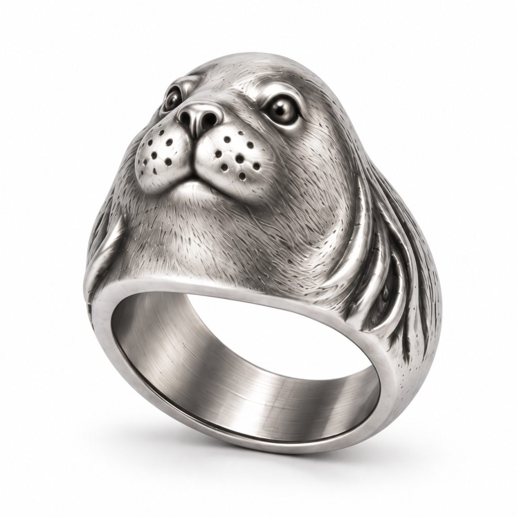 Silver-plated sea lion ring with a rounded muzzle, recessed whisker markings and a broad textured band.