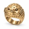 Gold-plated pufferfish ring with rounded raised dots, sculpted side fins and matching metal eyes.