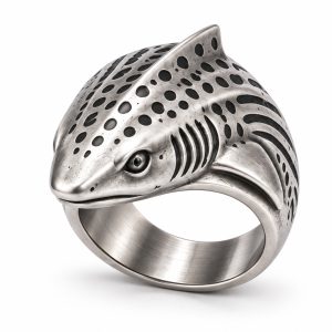 Stainless steel zebra shark ring with recessed spot markings, sculpted gills and an integrated dorsal fin.