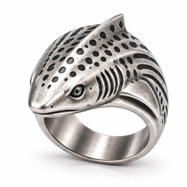 Stainless steel zebra shark ring with recessed spot markings, sculpted gills and an integrated dorsal fin.