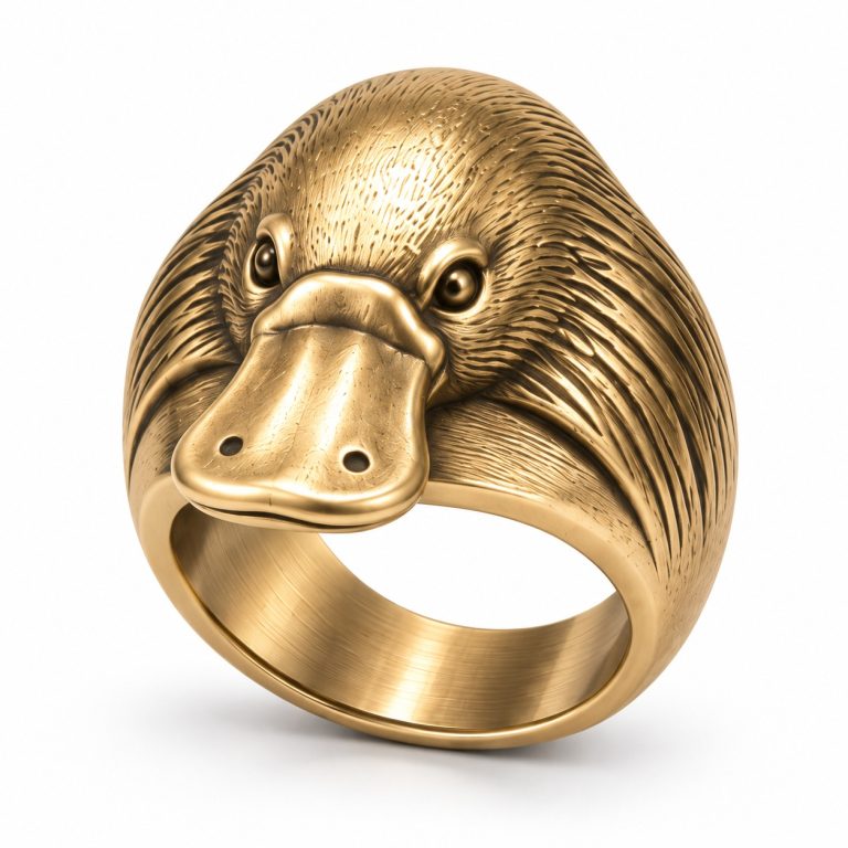 Gold-plated platypus ring with a broad rounded bill, fur-inspired texture and a smooth inner band.
