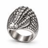 Silver-plated crocodile head ring with raised scales, a sculpted snout and a broad metal band.