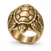 Gold-plated sea turtle ring with an oval patterned shell, sculpted flippers and a smooth inner band.