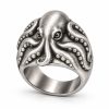 Silver-plated octopus ring with flowing tentacle relief, solid raised sucker details and a smooth inner band.