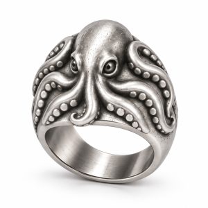 Silver-plated octopus ring with flowing tentacle relief, solid raised sucker details and a smooth inner band.