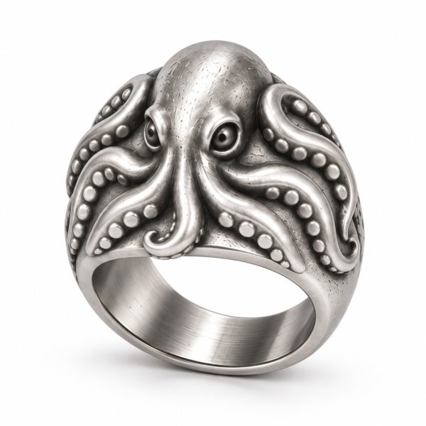 Silver-plated octopus ring with flowing tentacle relief, solid raised sucker details and a smooth inner band.