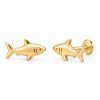 Pair of polished gold-tone shark stud earrings with engraved gills and flat disc backs