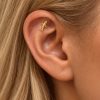 Small gold-tone shark stud positioned diagonally inside the upper ear of a long-haired woman