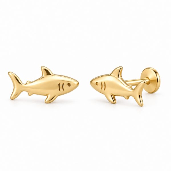 Pair of polished gold-tone shark stud earrings with engraved gills and flat disc backs