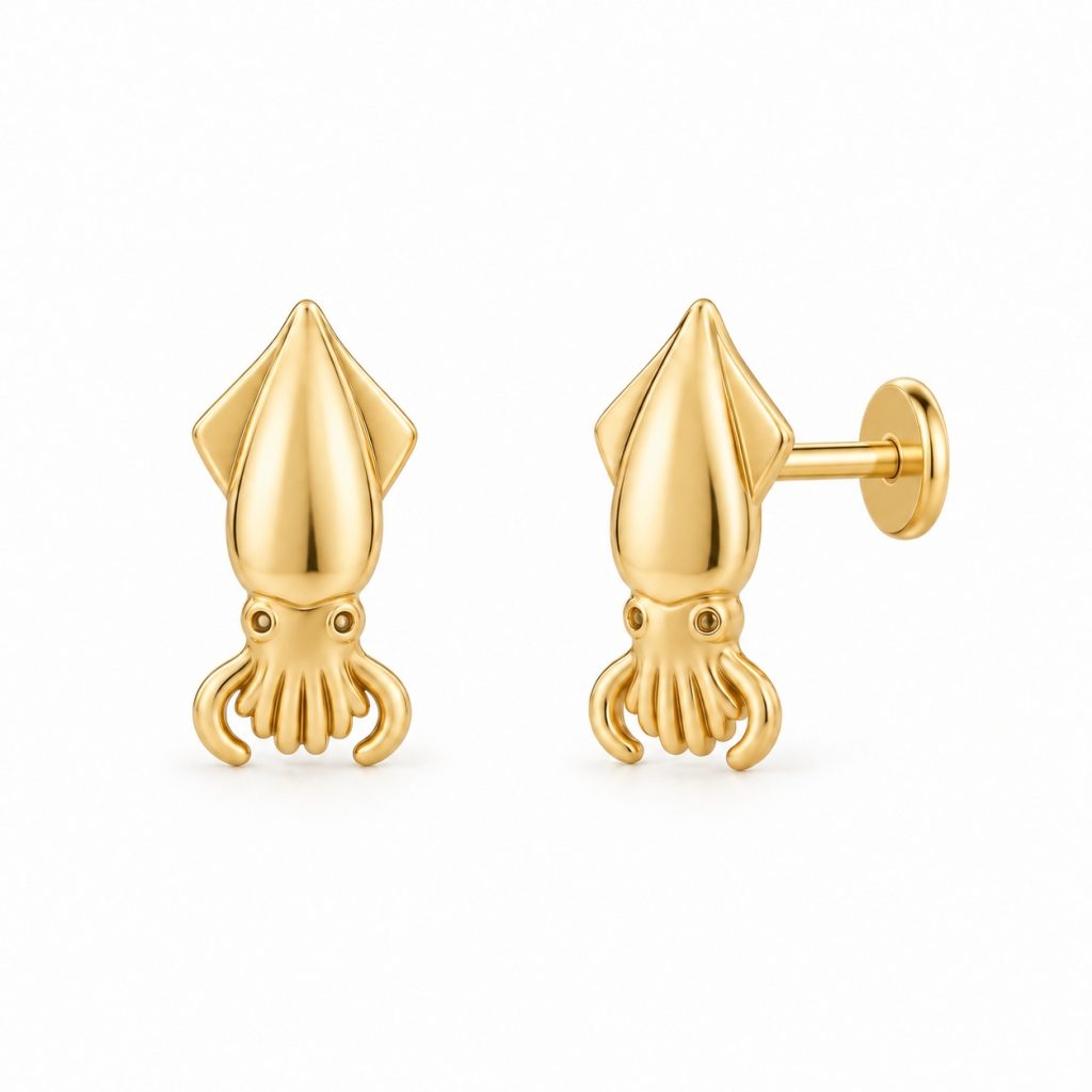 Gold-tone squid stud earrings with pointed mantles, short curved arms and flat disc backs