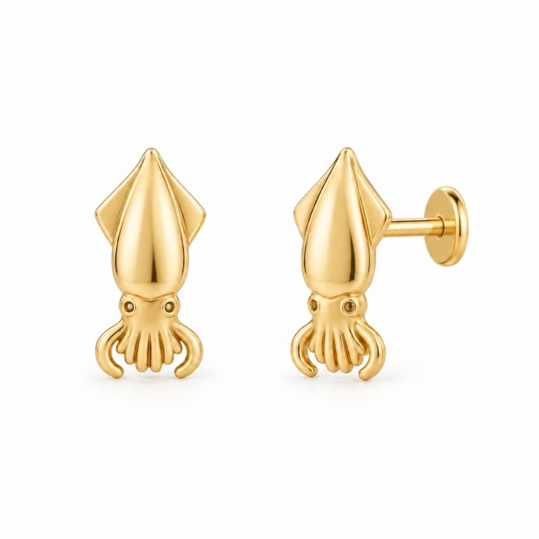 Gold-tone squid stud earrings with pointed mantles, short curved arms and flat disc backs