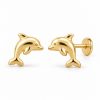 Pair of polished gold-tone dolphin stud earrings with curved bodies and circular flat backs