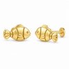 Gold-tone clownfish stud earrings with engraved stripes, rounded fins and flat disc backs