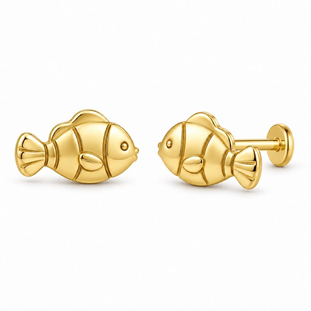 Gold-tone clownfish stud earrings with engraved stripes, rounded fins and flat disc backs