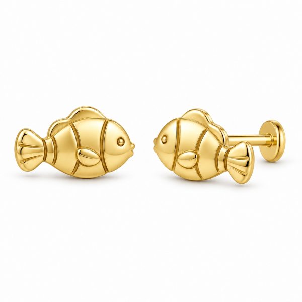 Gold-tone clownfish stud earrings with engraved stripes, rounded fins and flat disc backs