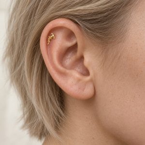 Miniature gold-tone hammerhead shark stud worn inside the upper ear