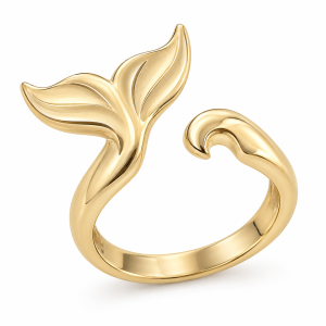 10 Whale Tail ring-brass Gold-plated open ring with a whale tail and curved wave detail on white