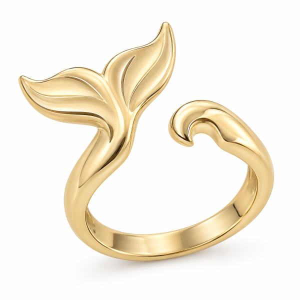 Gold-plated open ring with a whale tail and curved wave detail on white