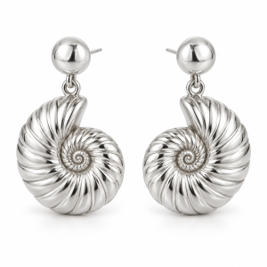 Silver-plated nautilus shell drop earrings with spiral details on white