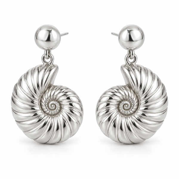 16 nautilus earrings- stainless steel Silver-plated nautilus shell drop earrings with spiral details on white