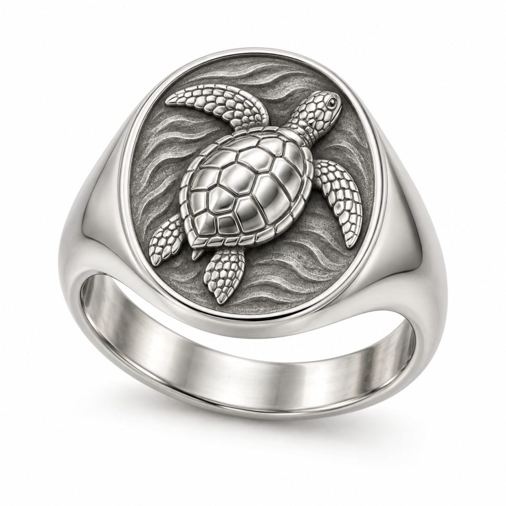 Sea turtle relief ring with a raised turtle motif