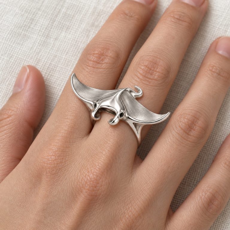 Silver-tone manta ray statement ring shown on a hand