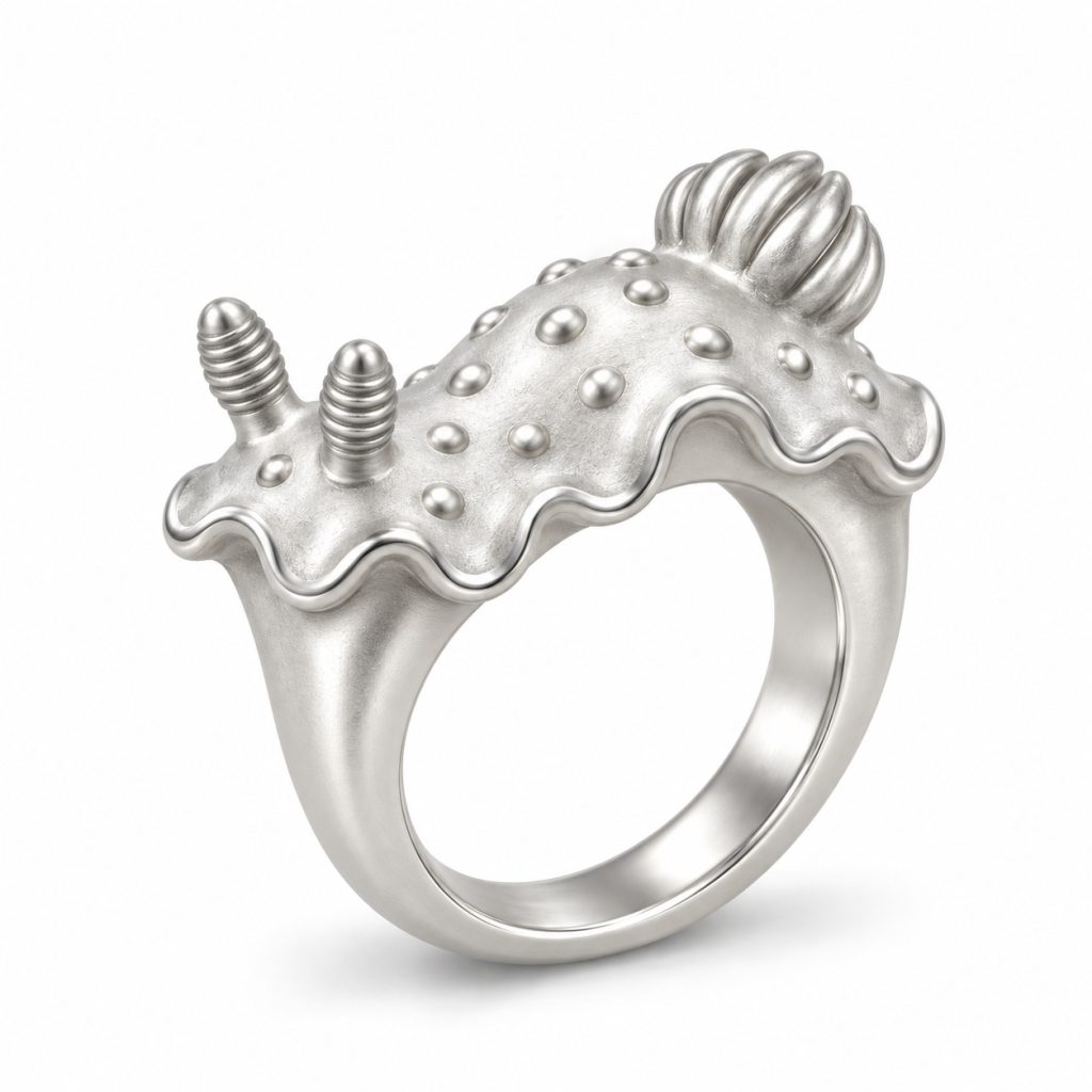 Nudibranch ring design concept highlighting the body outline and raised surface details