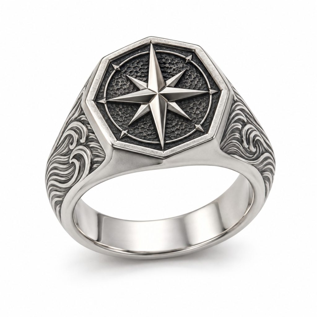 Silver-tone compass rose signet ring with textured detailing